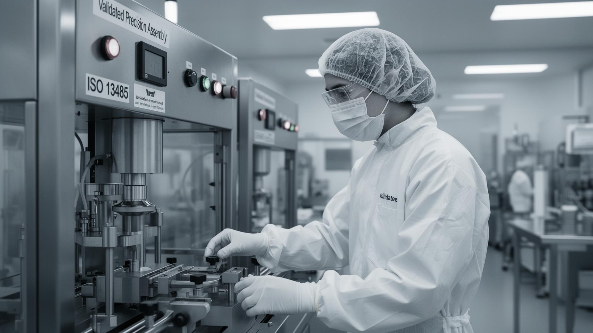 Cleanroom technician operating a validated precision assembly line in an ISO 13485 medical device manufacturing facility.