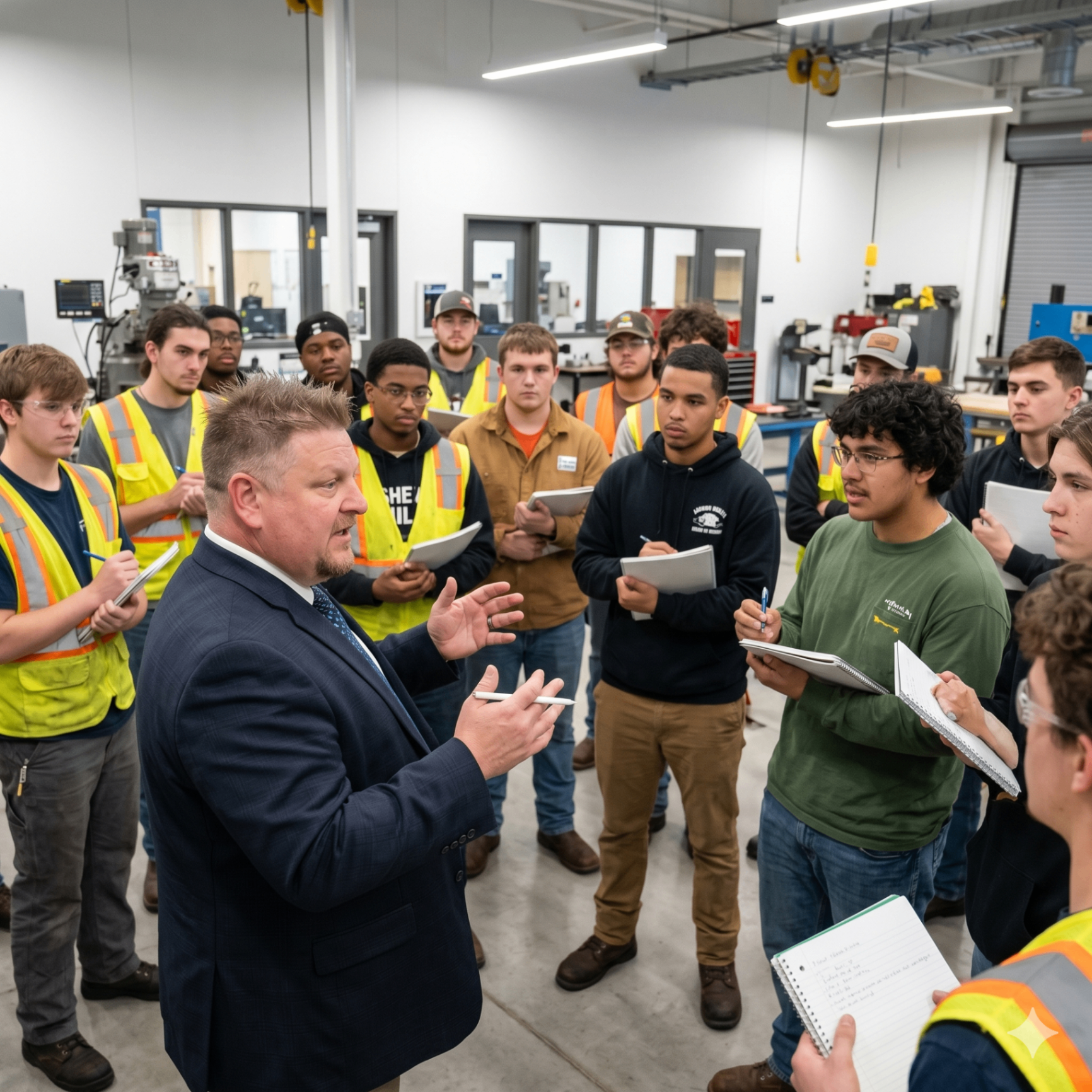 Stephan speaking with apprentices in a training center.