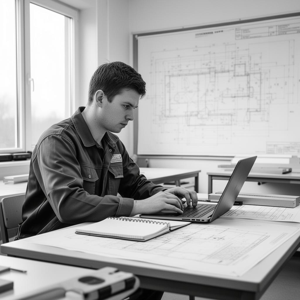 Apprentice working at a laptop in a training center classroom.