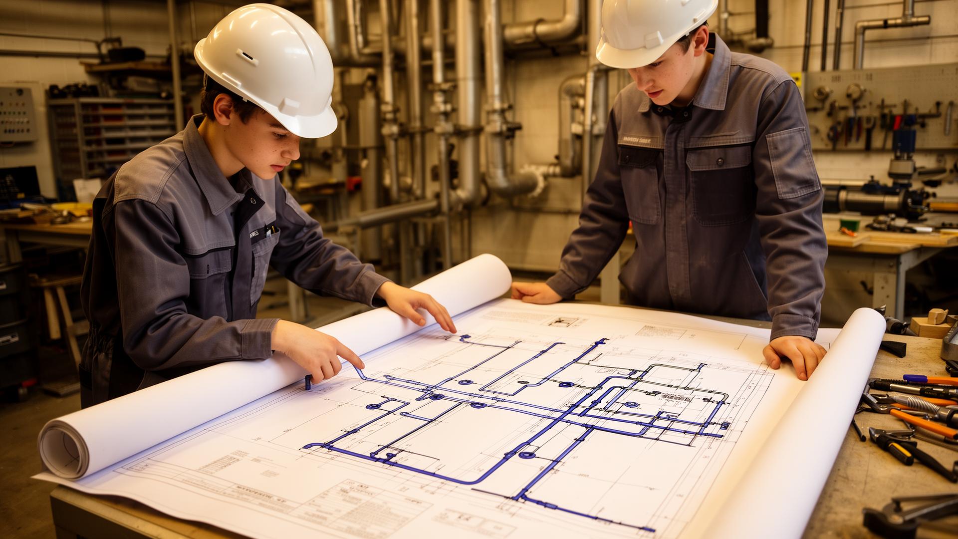 Apprentice reading a BIM piping drawing at a training center.